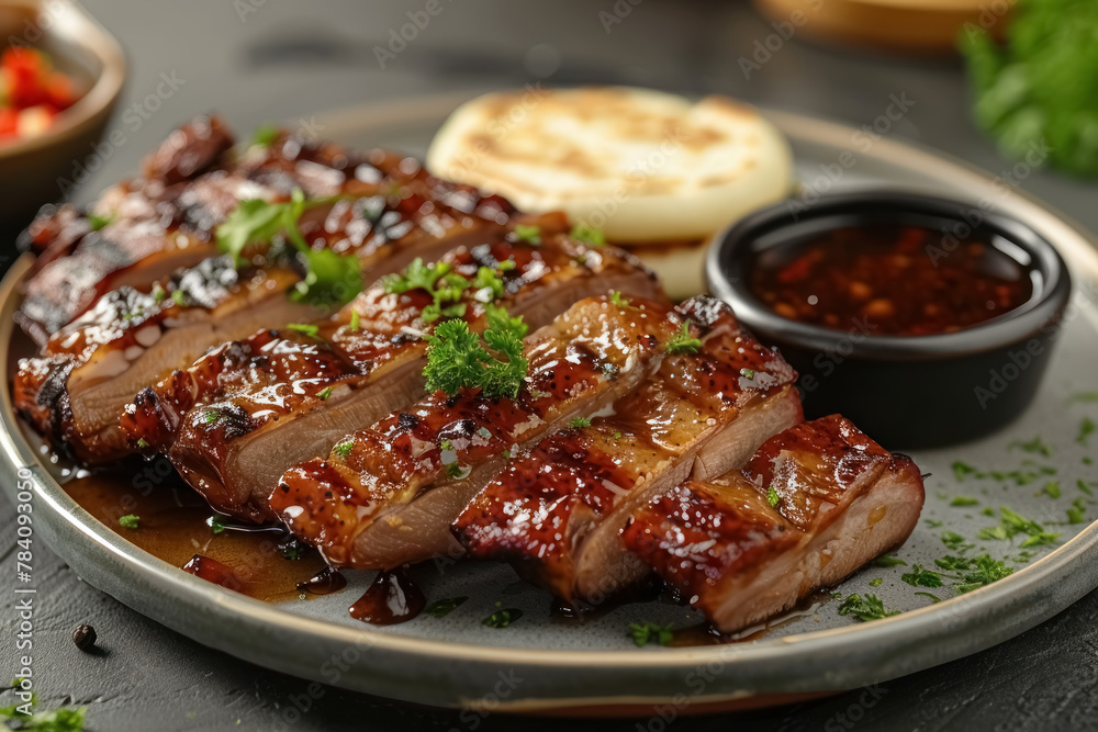 grilled bbq ribs with herbs and sauce on a rustic plate