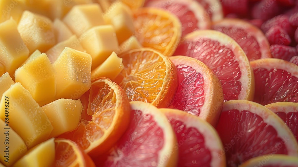 Oranges, grapefruits, and melons are arranged in a tight, close-up pattern on a plate Oranges, grapefruits, and melons are arranged in a tight, close-up pattern on a plate