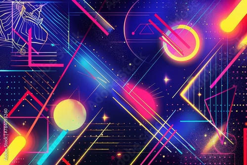 abstract geometric shapes and lines in bright neon colors modern retro 80s style background digital ilustration photo