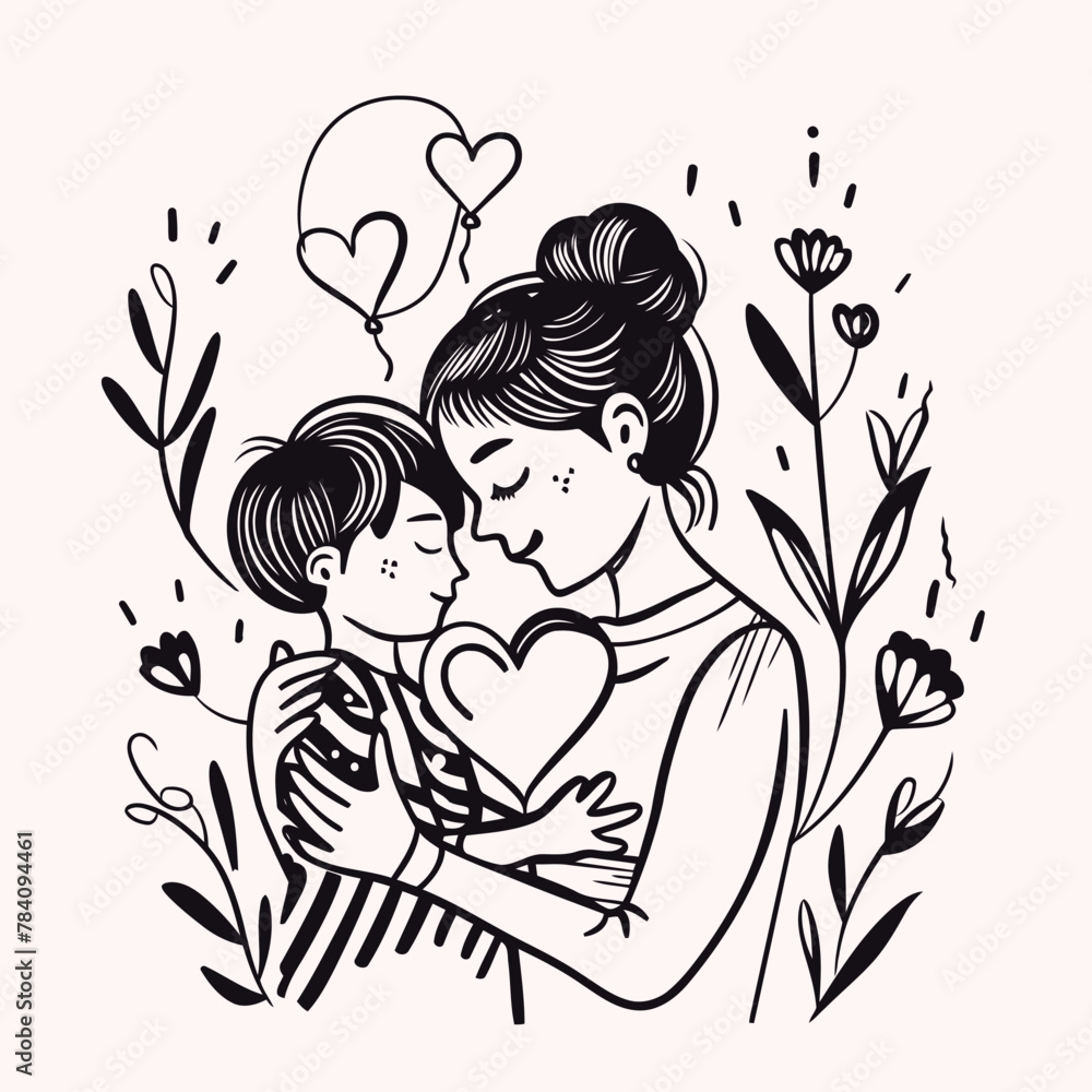 vector line art of mother and kid with flowers background vector line art of mother and kid with flowers background