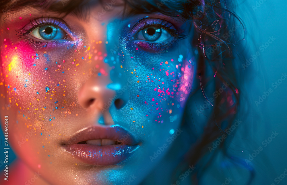 A creative portrait of a young woman with colorful makeup and a unique expression. Woman with a vibrant essence and dynamic personality in a magic of creativity.