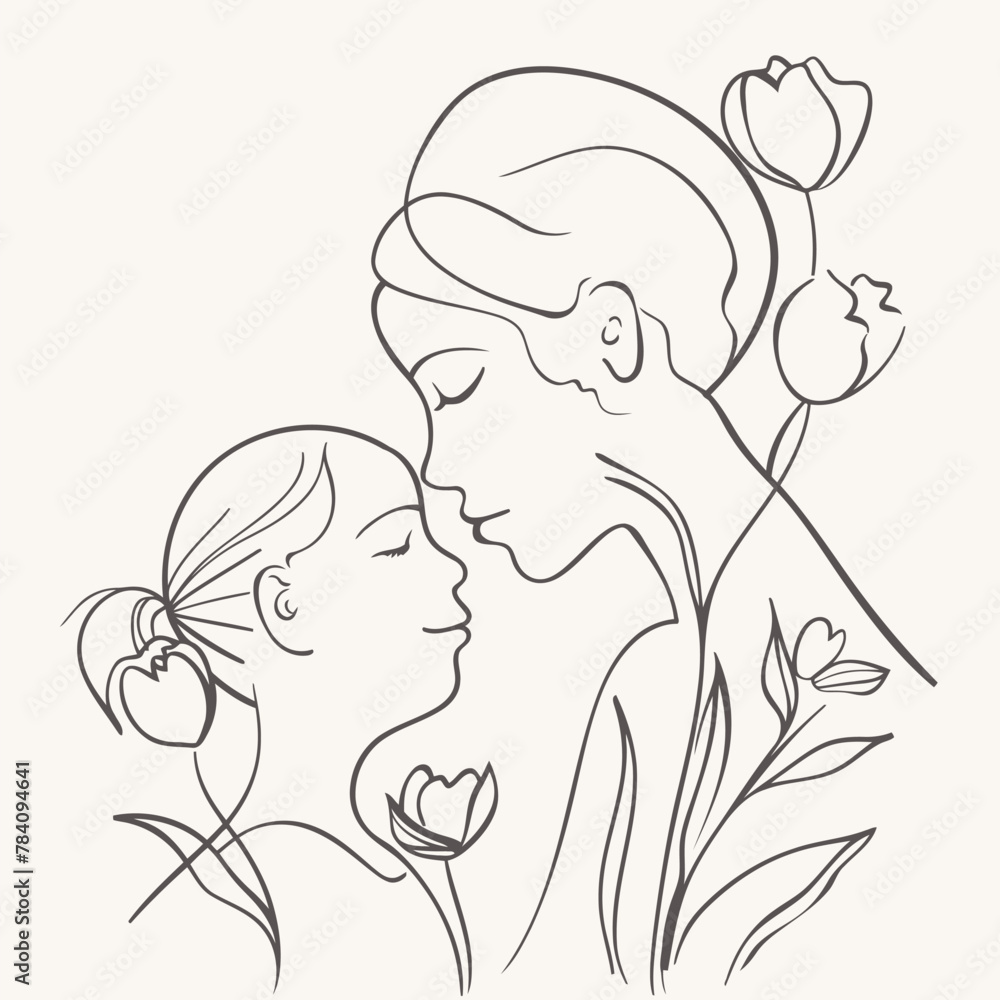 vector line art of mother and kid with flowers background vector line art of mother and kid with flowers background