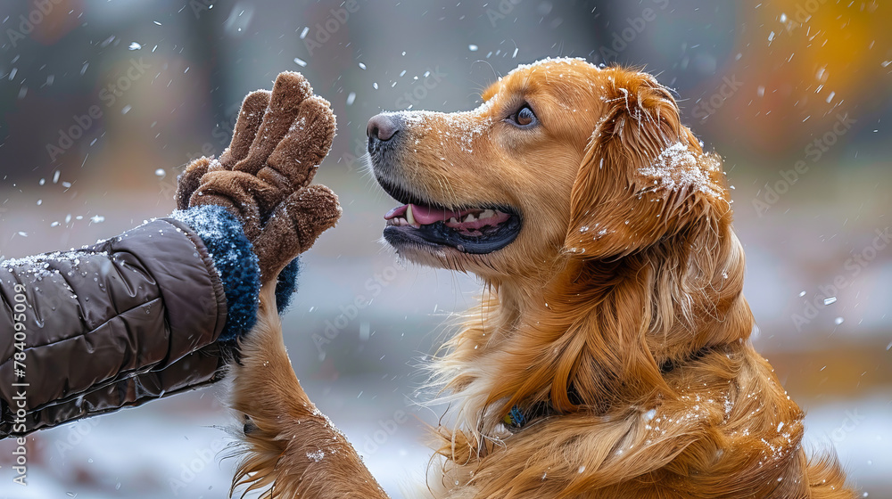 Canine companion high-five training in snow