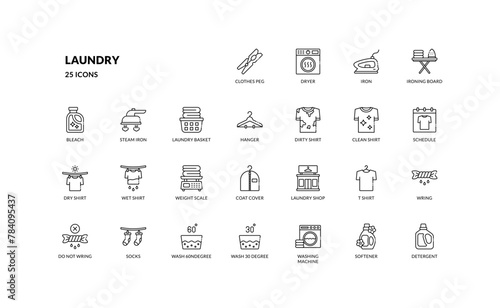 Laundry laundromat household washing and cleaning clothes shirt outline line icon set