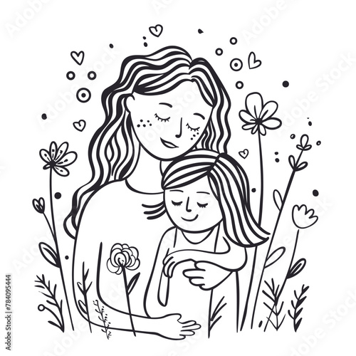 Vector line art Mother with her child with flower background