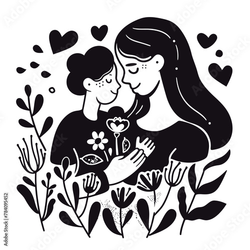 Vector line art Mother with her child with flower background