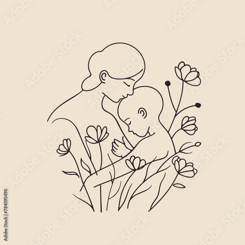 Vector line art Mother with her child with flower background