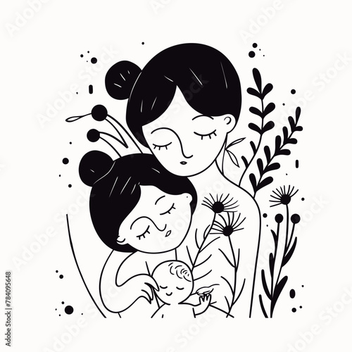 Vector line art Mother with her child with flower background