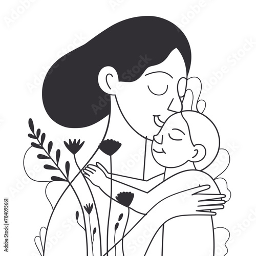 Vector line art Mother with her child with flower background