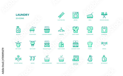 Laundry laundromat household washing and cleaning clothes shirt green filled line icon set