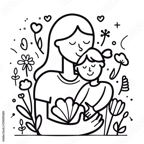 Vector line art Mother with her child with flower background