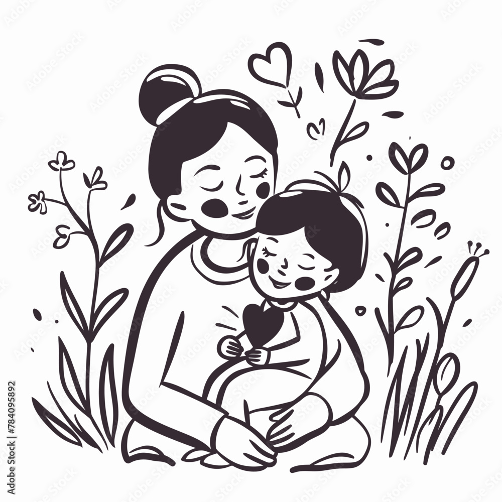 Vector line art Mother with her child with flower background Vector line art Mother with her child with flower background