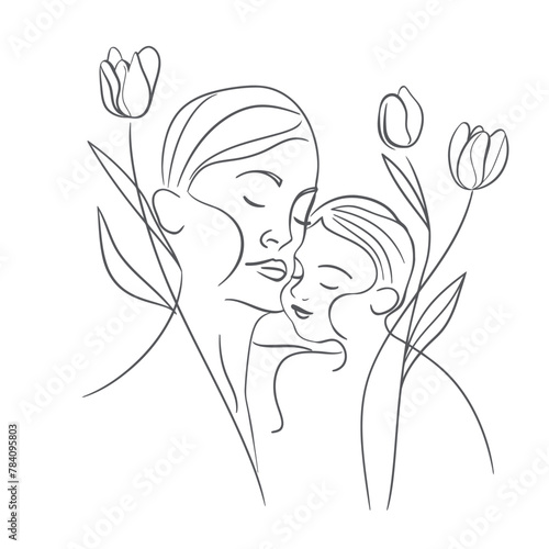 Vector line art Mother with her child with flower background