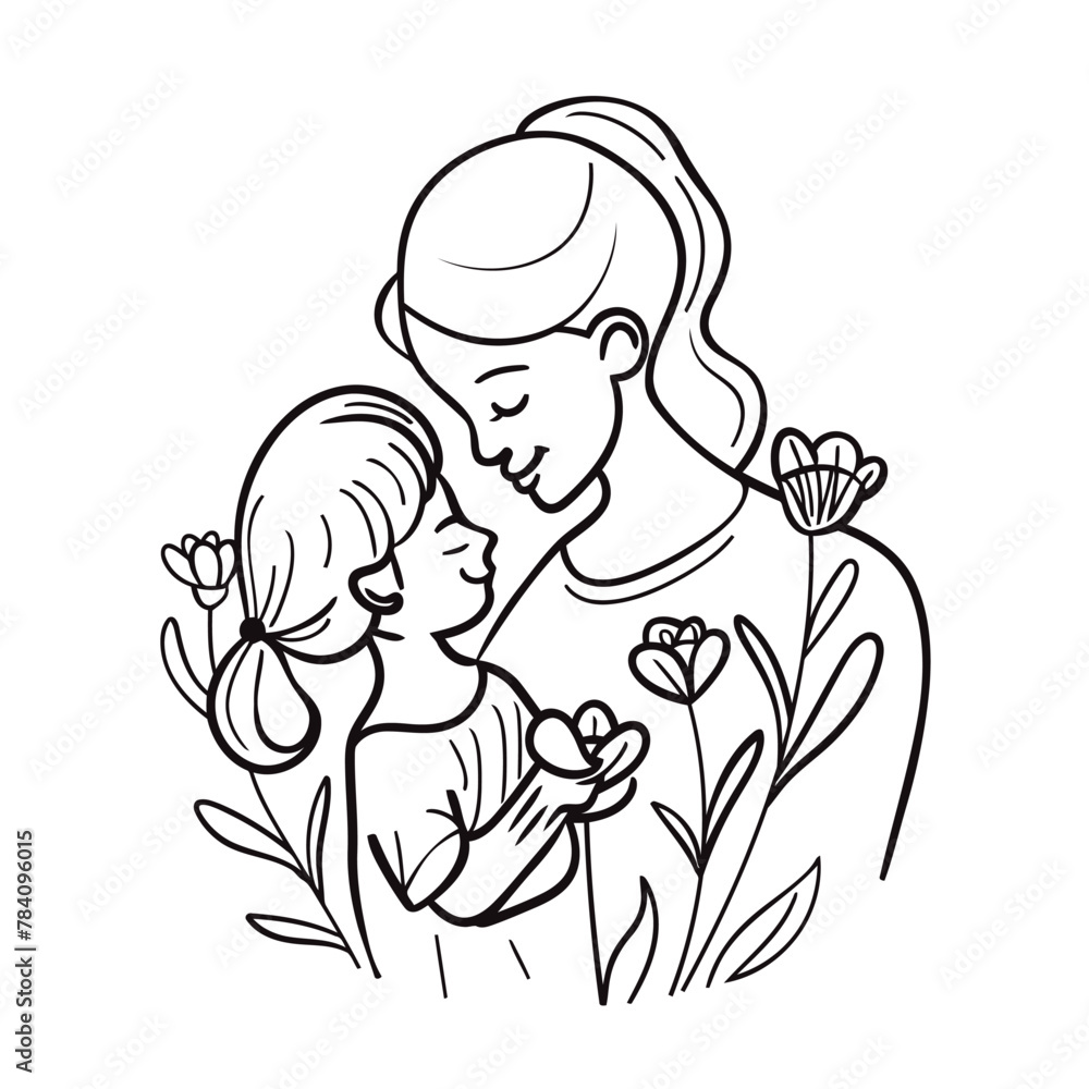 Vector line art Mother with her child with flower background Vector line art Mother with her child with flower background