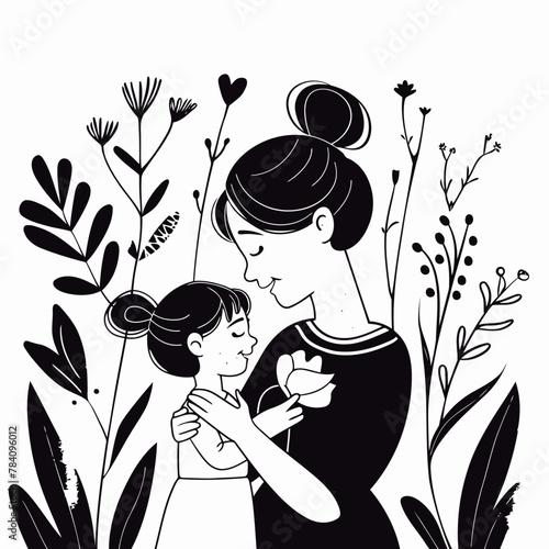 Vector line art Mother with her child with flower background