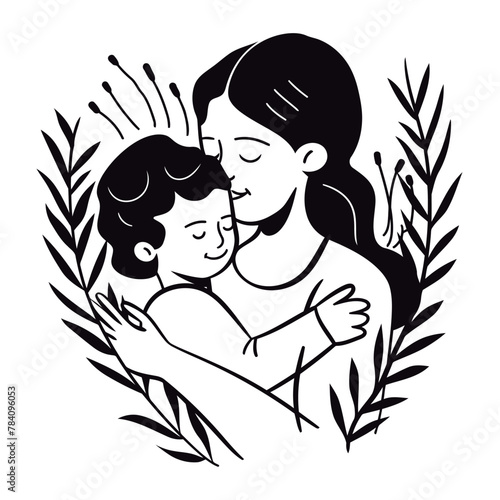 Vector line art Mother with her child with flower background