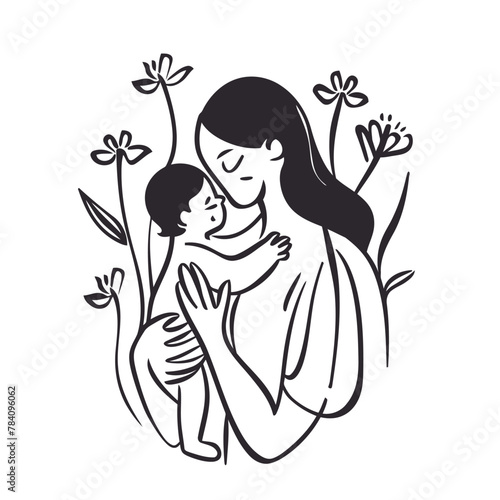 Vector line art Mother with her child with flower background