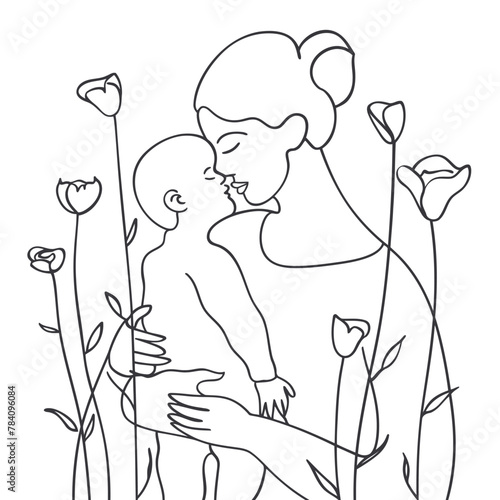 Vector line art Mother with her child with flower background