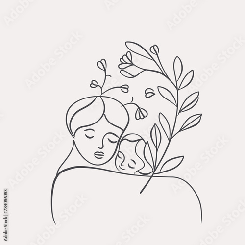 Vector line art Mother with her child with flower background