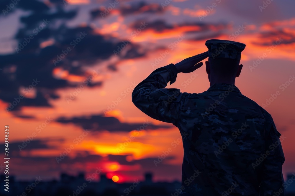 Silhouette of a Soldier Saluting at Sunset, Military Respect Concept