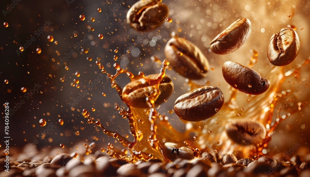 Flying coffee bean in liquid splash of coffee on warm golden brown background. Roasted coffee beans in motion Flying coffee bean in liquid splash of coffee on warm golden brown background. Roasted coffee beans in motion
