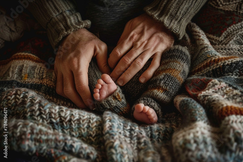 A cute father and baby's feet wrapped in cozy blankets, enjoying a naptime snuggle. photo