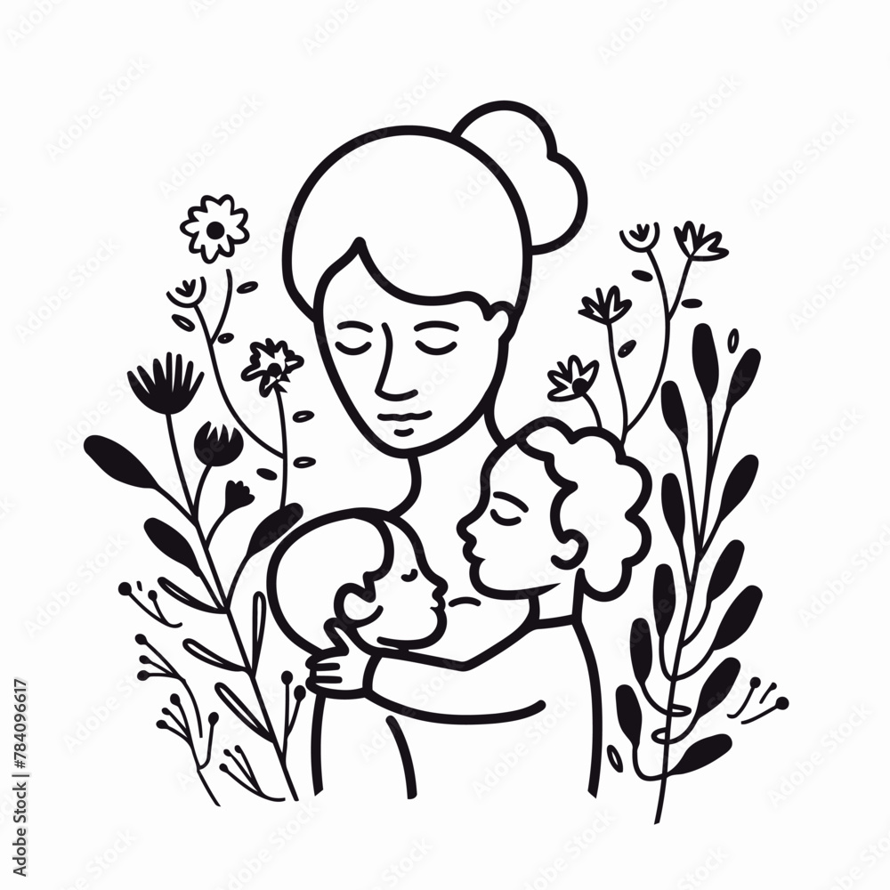 Vector line art mother and kid with flowers Vector line art mother and kid with flowers