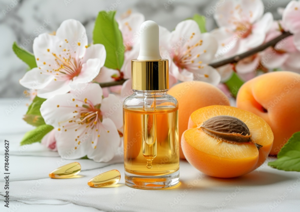 Apricot kernel oil in a glass cosmetic pipette bottle. Apricot with leaves and apricot blossoming branch with flowers on the light background. Cosmetic background Apricot kernel oil in a glass cosmetic pipette bottle. Apricot with leaves and apricot blossoming branch with flowers on the light background. Cosmetic background