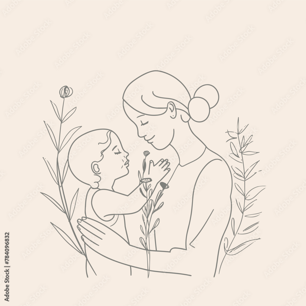 Vector line art mother and kid with flowers