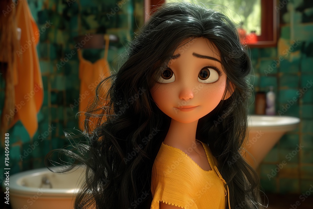 A girl with long hair and a yellow shirt is standing in front of a bathroom A girl with long hair and a yellow shirt is standing in front of a bathroom