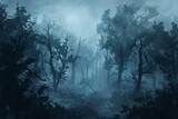 dark moody forest landscape mysterious misty woods with dense fog atmospheric eerie scenery background digital painting digital ilustration