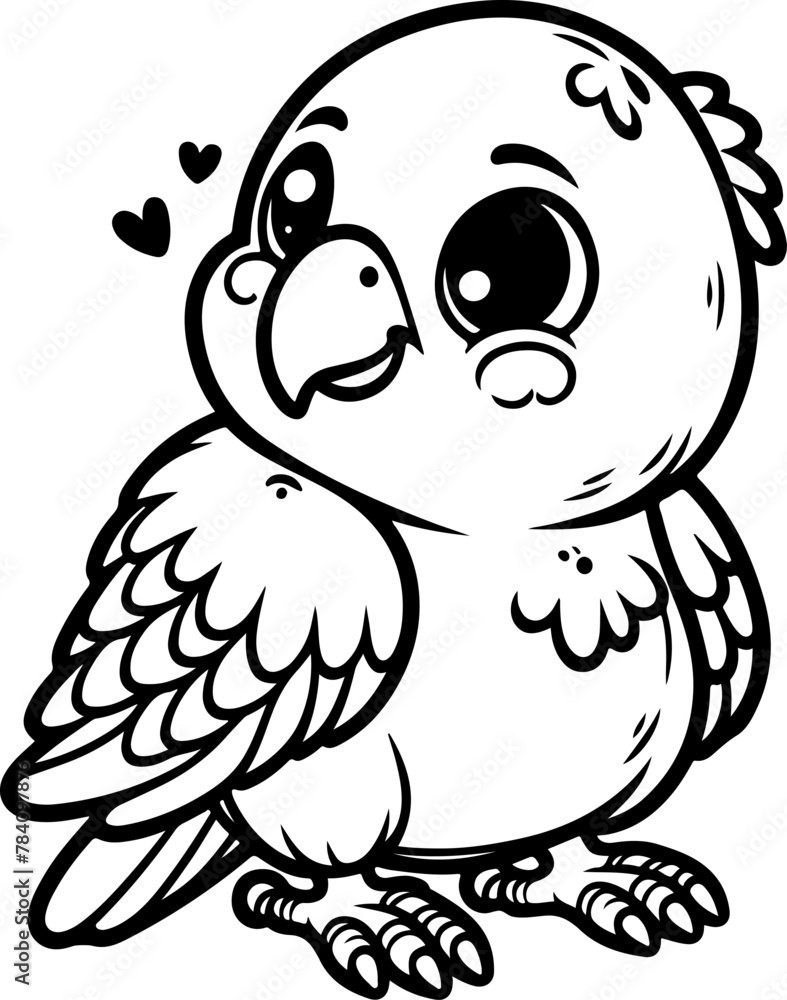 Cute little parrot black outline children coloring book.