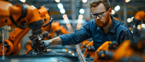 Engineer Overseeing Robotic Assembly Line in Auto Factory. Concept Robotic Technology, Engineering, Automotive Industry, Factory Operations, Automation