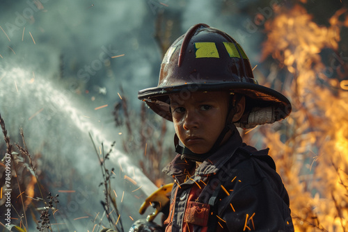 A boy in a firefighter costume pretending to put out a fire. © pick pix