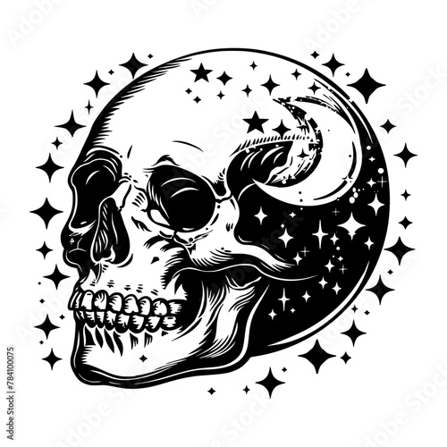 Black and white illustration of a skull with a crescent moon and stars in the background, evoking a mystical and eerie theme.