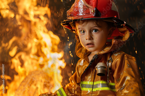A boy in a firefighter costume pretending to put out a fire. © pick pix