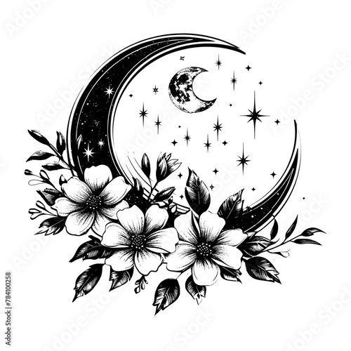 Black and white illustration of a crescent moon adorned with flowers and surrounded by stars, creating a mystical and enchanting theme.