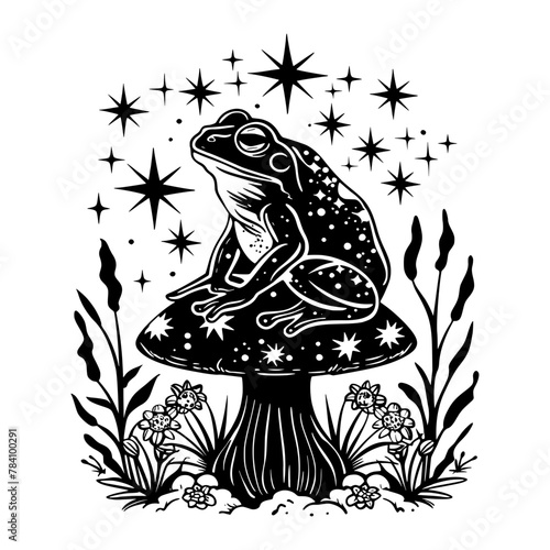 Black and white illustration of a frog sitting on a mushroom, surrounded by stars and smaller mushrooms, evoking a mystical and enchanting theme.