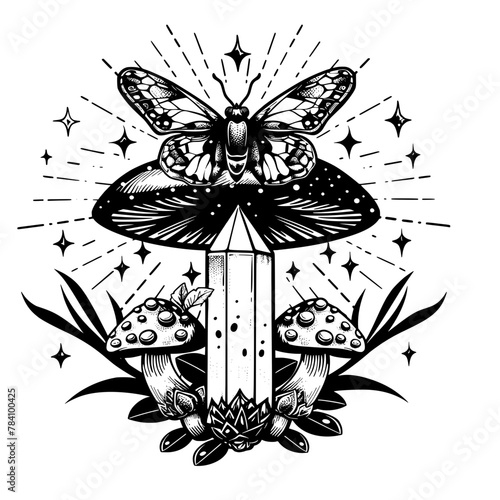 Black and white illustration featuring mushrooms, a crystal, and a moth, set against a starry night sky with a mystical theme.