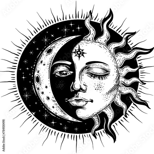 Black and white illustration of a sun and moon with human faces, surrounded by stars, depicting a cosmic and mystical theme.
