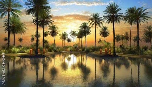 A majestic oasis in the heart of a vast desert at sunset. The scene includes tall palm trees 