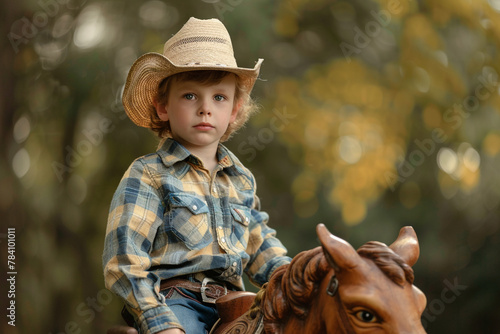 A boy in a cowboy hat riding a rocking horse.