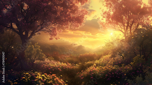Sunrise Forest with Flowers and Trees in Amber and Gold