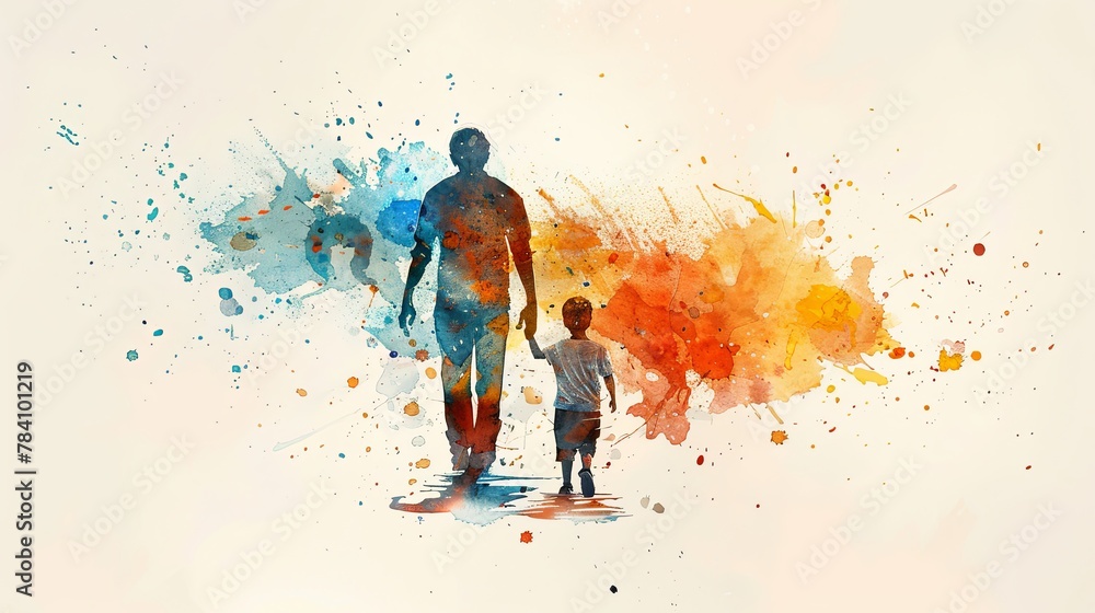 Fototapeta premium Silhouette of Father and child in Vibrant Watercolor