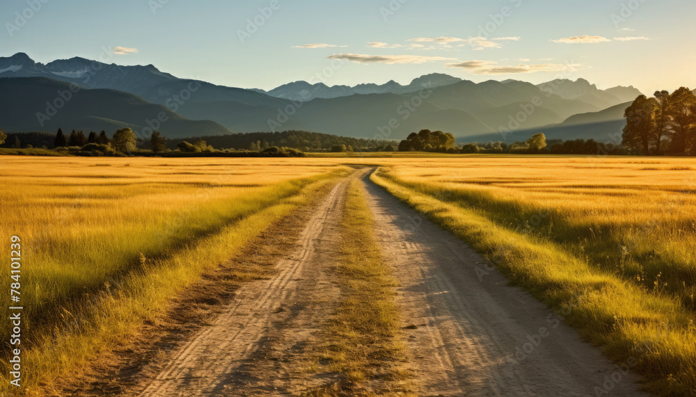 Straight gravel road with a grassy field at sunset or sunrise leading to the mountains. Straight gravel road with a grassy field at sunset or sunrise leading to the mountains.
