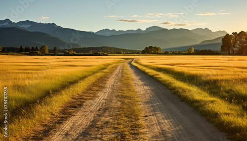 Straight gravel road with a grassy field at sunset or sunrise leading to the mountains.