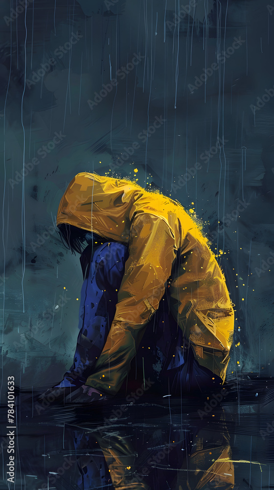 Młoda osoba w żółtej kurtce i niebieskich spodniach w mrocznym otoczeniu z depresją