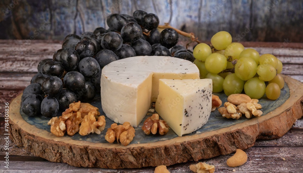 A rustic-themed cheese platter, with a selection of farmhouse cheeses, clusters of seedless