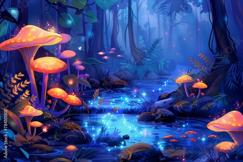 enchanted forest stream with glowing mushrooms magical fantasy nature illustration