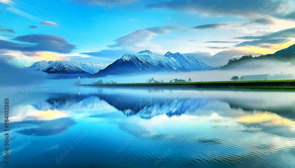 A serene river flowing in the foreground, merging with a bright, clear sky. The water's surf 